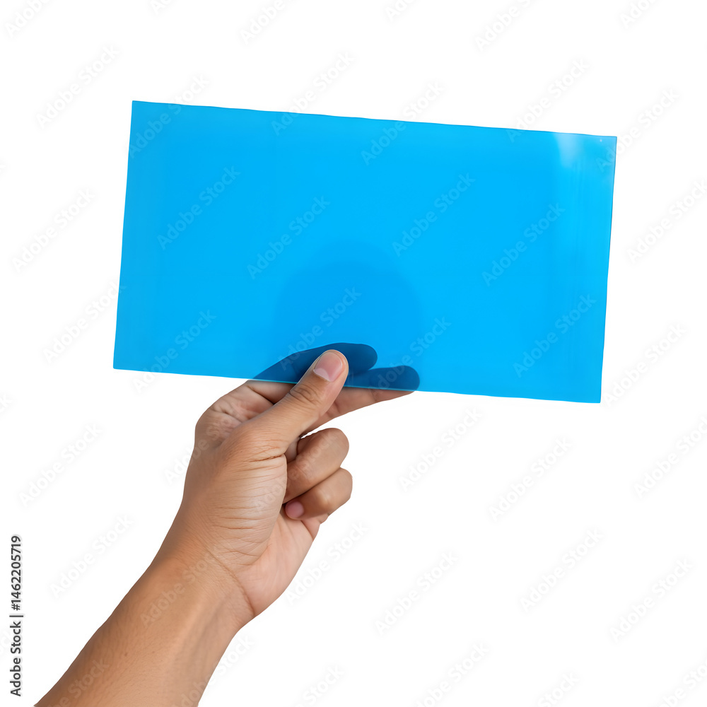 Hand holding a bright blue acrylic sheet. Perfect for design projects!