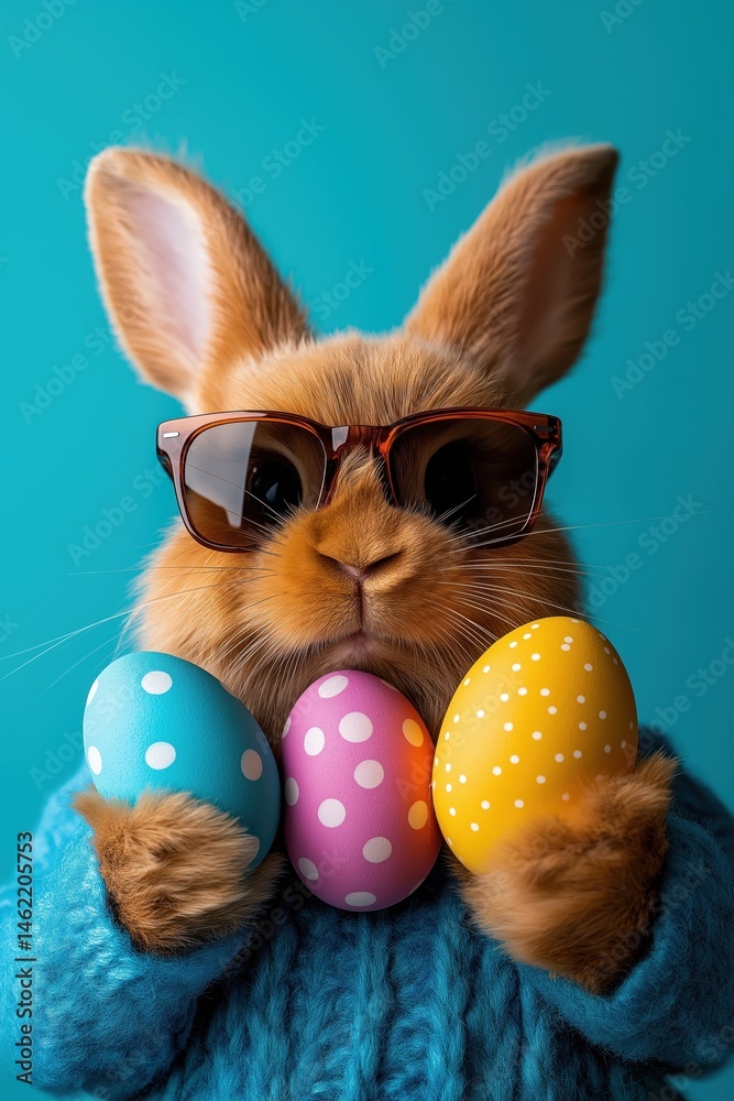 Cool Easter bunny wearing sunglasses holds colorful eggs against a bright turquoise background for a festive spring celebration