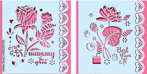 "Floral Heart Designs with 'Mummy You’re Great' and 'Best Mum Ever' Messages, Pink Roses on Blue Background"