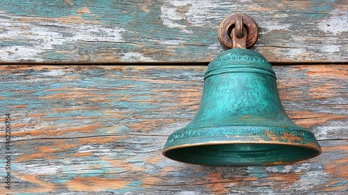 A teal-green patina bell hangs on weathered wooden planks. photo
