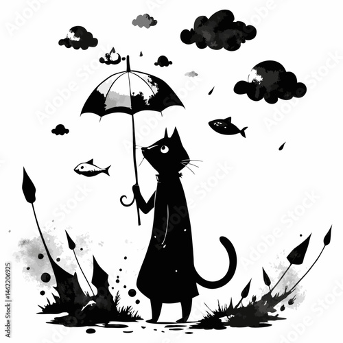 Stylish Black Cat Silhouette with Umbrella in Rainy Day Scene
