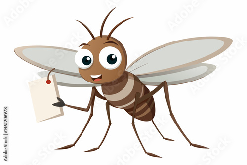 Friendly Cartoon Mosquito Holding Blank Note Card Illustration