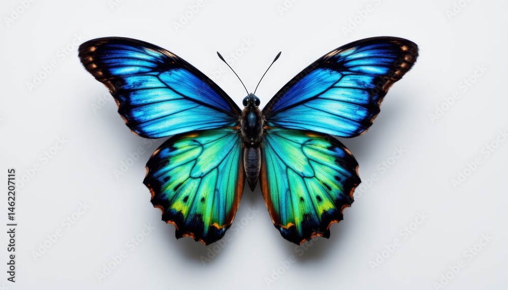 Obraz premium a beautiful butterfly with iridescent blue and green wings, showcasing a striking contrast against the simplicity of the white backdrop.