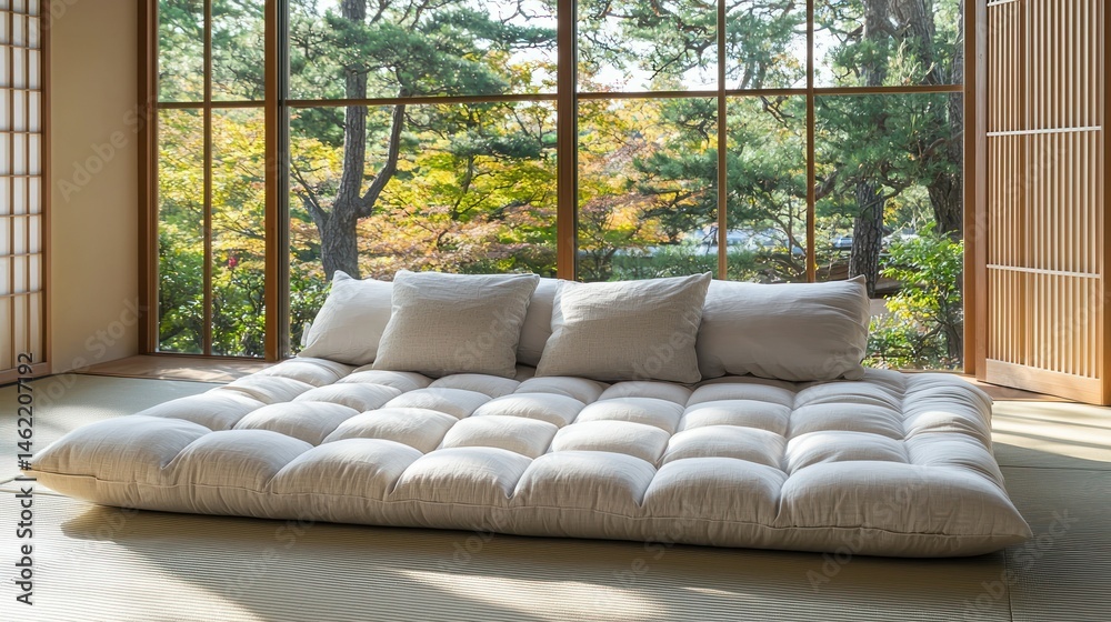 Fototapeta premium Japanese-style futon on tatami mat, serene autumn view