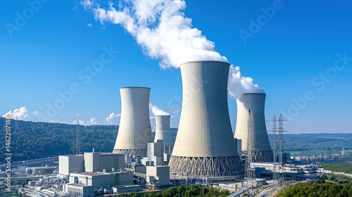 Majestic nuclear power plant cooling towers and blue sky