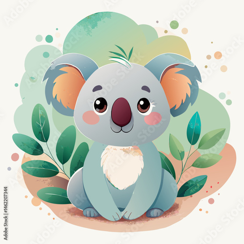 Adorable Cartoon Koala Bear Sitting Amidst Lush Greenery