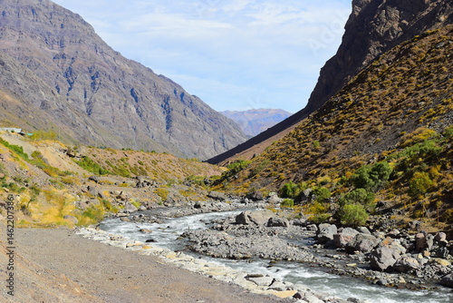 Maipo Canyon, Santiago - Chile - 04 21 2025 - Cajón del Maipo Landscape. Embalse el Yeso area. San jose de Maipo, close to Santigao area with beautiful with unreal, scenic nature views on a sunny day. photo