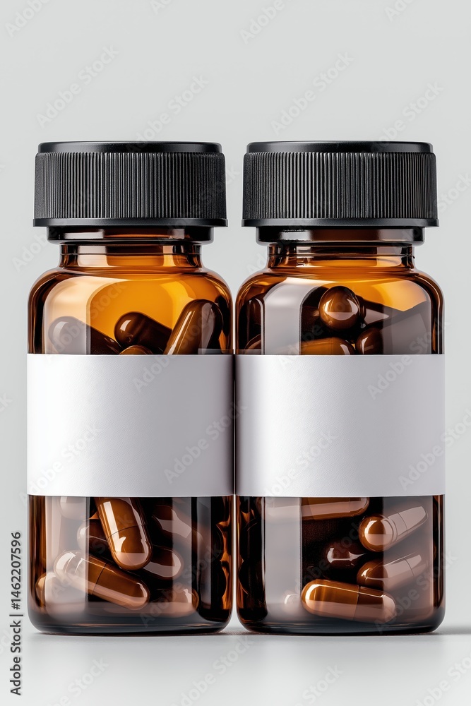 Blank brown bottles designed for medication packaging, suitable for organic health products and supplements