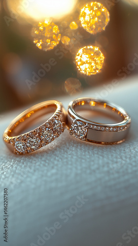 Pair of gold wedding rings with diamonds and glowing bokeh lights