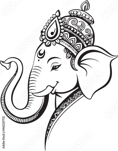 Ganesha, Hindu God or Deity, Indian Black and White Vector Illustration, Sketch Drawing Line Linear Symbol Icon Engraving, Hand-drawn Isolated