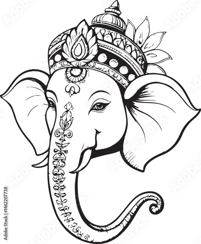 Ganesha, Hindu God or Deity, Indian Black and White Vector Illustration, Sketch Drawing Line Linear Symbol Icon Engraving, Hand-drawn Isolated
