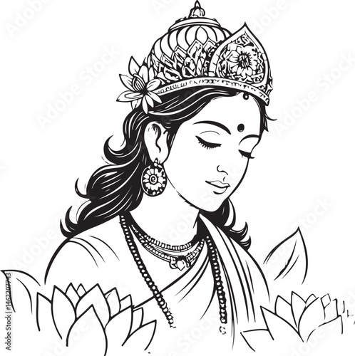 Lakshmi, Hindu Goddess, God or Deity, Indian Black and White Vector Illustration, Sketch Drawing Line Linear Symbol Icon Engraving, Hand-drawn Isolated