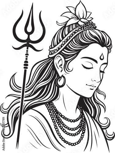 Parvati Goddess, Hindu God or Deity, Indian Black and White Vector Illustration, Sketch Drawing Line Linear Symbol Icon Engraving, Hand-drawn Isolated