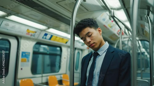 A tired businessman in a suit dozes off while standing on a subway train. Concept of exhaustion, overwork, and modern commuting. photo
