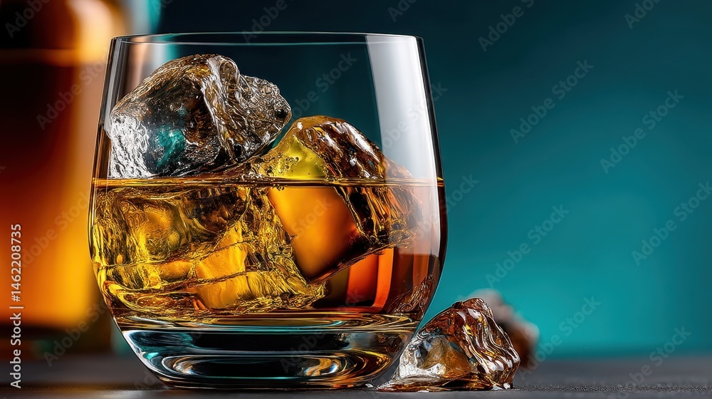 Enjoying a refreshing whisky glass with ice against a deep blue background during an evening gathering