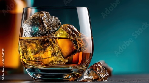 Obraz na płótnie Enjoying a refreshing whisky glass with ice against a deep blue background during an evening gathering w salonie