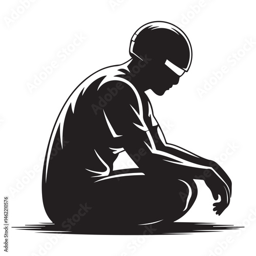 A man is sitting on the ground with his head down. He is wearing a helmet. The man is wearing a black shirt Vector Black silhouettes. with white background