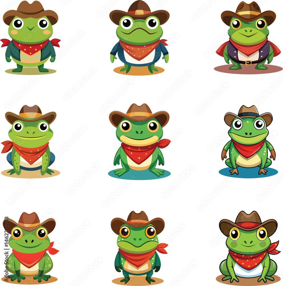 Fototapeta premium Cute Cowboy Frog Clipart Set. Cartoon Western Toad Characters in Hats and Scarves