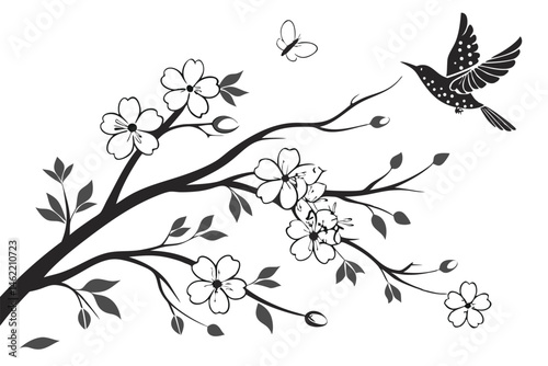 60 Black and white illustration, delicate floral branches, spotted bird in flight, ink wash technique, botanical art, Japanese-inspired, negative space, graceful composition, cherry blossoms, watercol