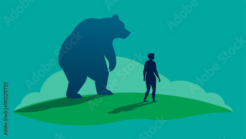 Lone Walker with Bear Shadow A silhouetted figure of a person standing upright on a grassy surface. Their shadow elongated and dark morphs into the shape of a majestic bear