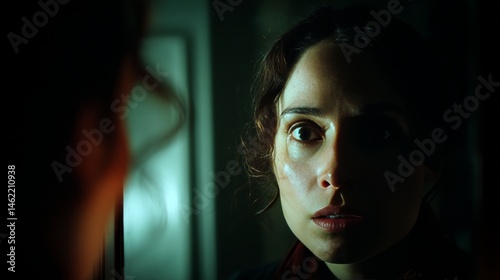 woman staring into a mirror with an intense, unblinking gaze, dim lighting, faint reflection detail, atmosphere of obsession and eerie calm
