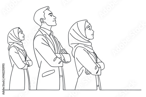 Young Muslim Businesspeople Line Drawing with Crossed Hands Vector Art