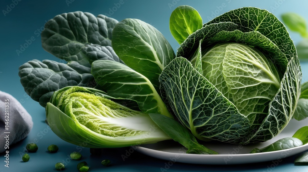 Fototapeta premium Vibrant green kale leaves displayed elegantly on a white plate against a calming light blue background