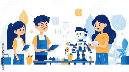 Young creative team building a robot innovative stem education illustration
