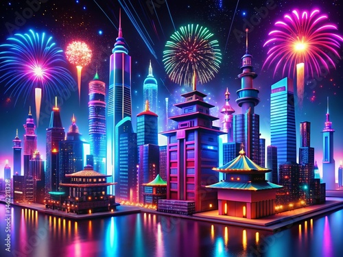 Happy New Year 3D Render: Urban Exploration, Futuristic Cityscape