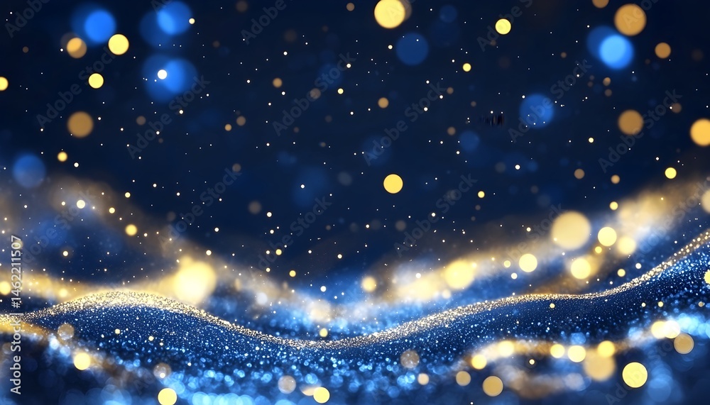 Obraz premium Shimmering blue and gold particles wave across a dark background, illuminated by bokeh lights