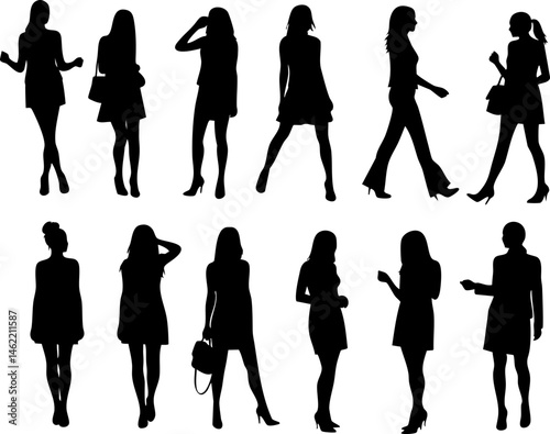 Collection of black silhouettes showcasing diverse women in fashionable dresses and poses is displayed against a white background Perfect for.