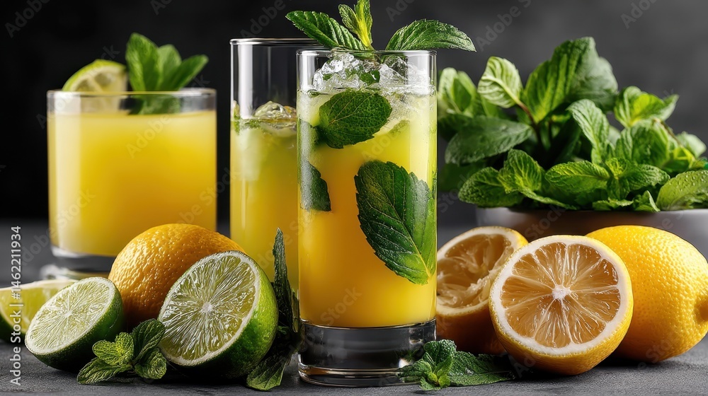 Refreshing lemon juice cocktail with mint leaves and lemon slices on a sleek dark gray background