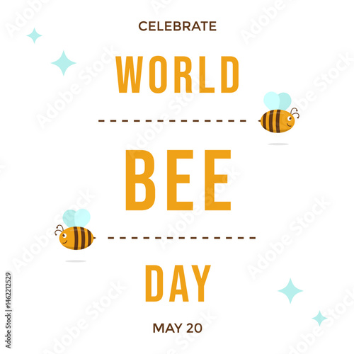 Simple world bee day greeting template with flying bees on white background
