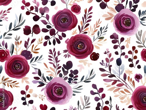 Watercolor Floral Seamless Pattern Burgundy Roses and Branches