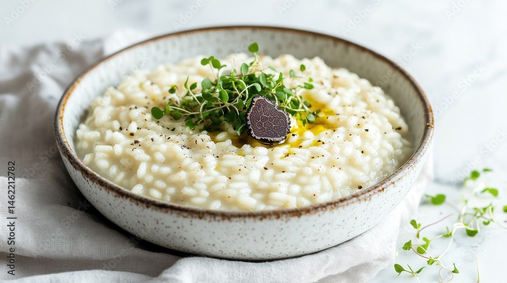 Creamy risotto bowl with truffle oil and microgreen garnish Creamy risotto bowl with truffle oil and microgreen garnish