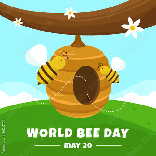World Bee Day greeting background with honeycomb hanging on tree branches
