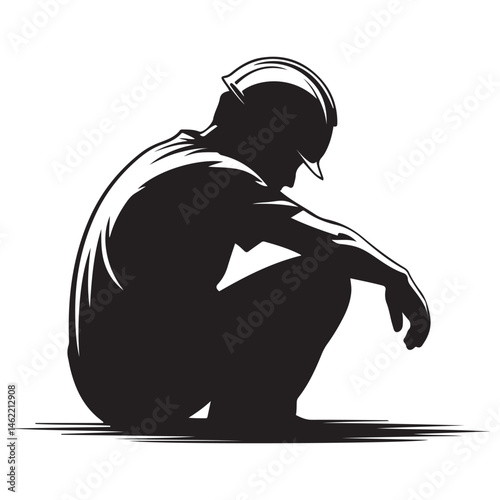 A man is sitting on the ground with his head down. He is wearing a helmet. The man is wearing a black shirt Vector Black silhouettes. with white background