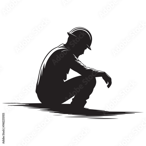 A man is sitting on the ground with his head down. He is wearing a helmet. The man is wearing a black shirt Vector Black silhouettes. with white background