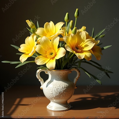 Wallpaper Mural A yellow bunch of sunflower flowers in a vase shows summer beauty as a floral still life on a wooden table Torontodigital.ca