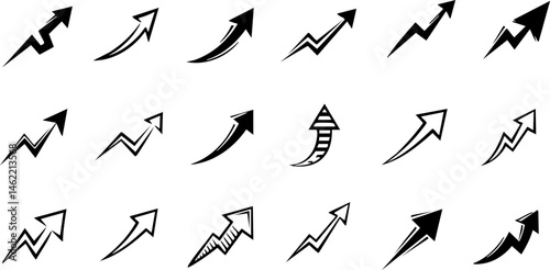 Collection of upward trending black arrows on a white background representing growth and success; suitable for illustrating positive trends and.