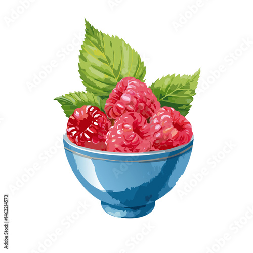 Blue bowl with fresh raspberries vector food graphic design