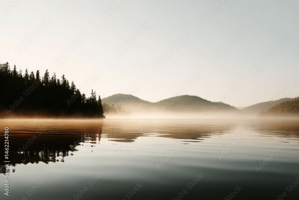 Fototapeta premium serene autumn dawn at canadian reservoir showcasing seasonal transition