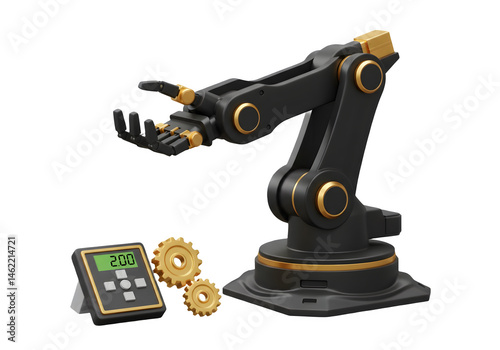 Obraz na płótnie Black and gold robotic arm with control panel and gears. w salonie