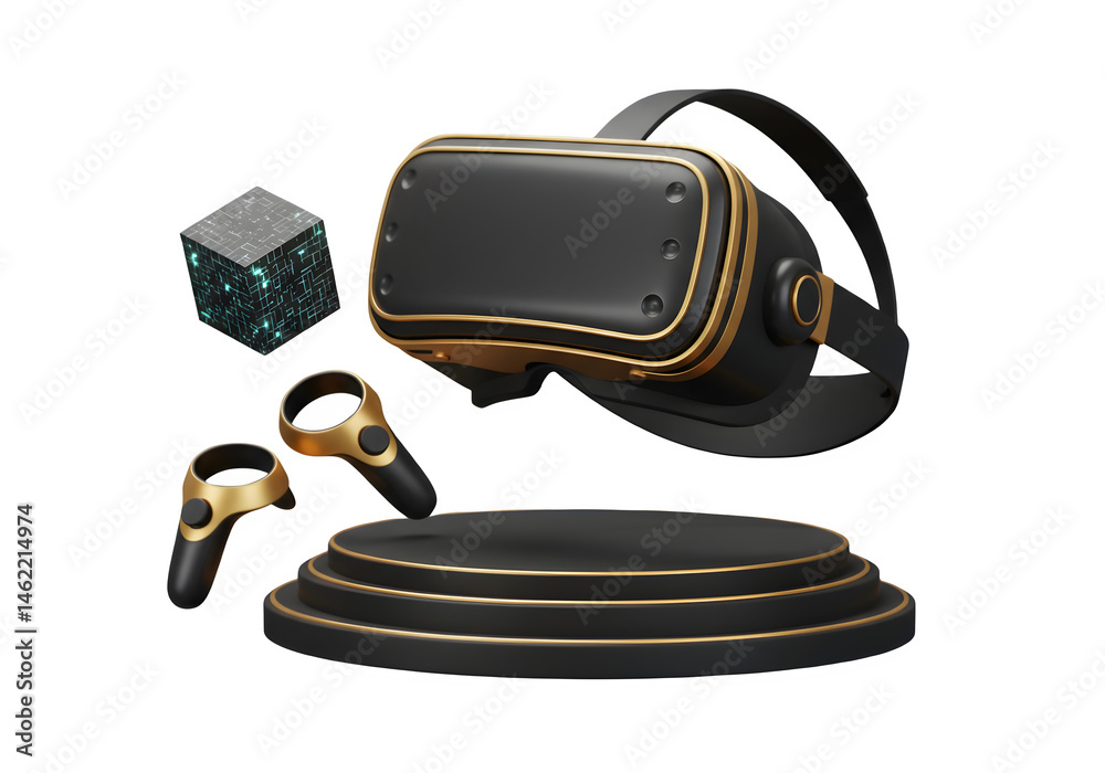 Sleek VR headset and controllers on a black and gold display stand, ready for immersive gaming.
