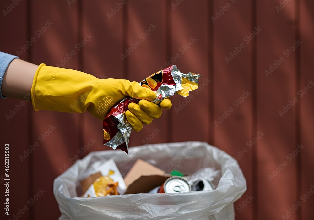 Person wearing yellow gloves throws away trash.