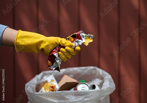 Obraz na płótnie Person wearing yellow gloves throws away trash. w salonie
