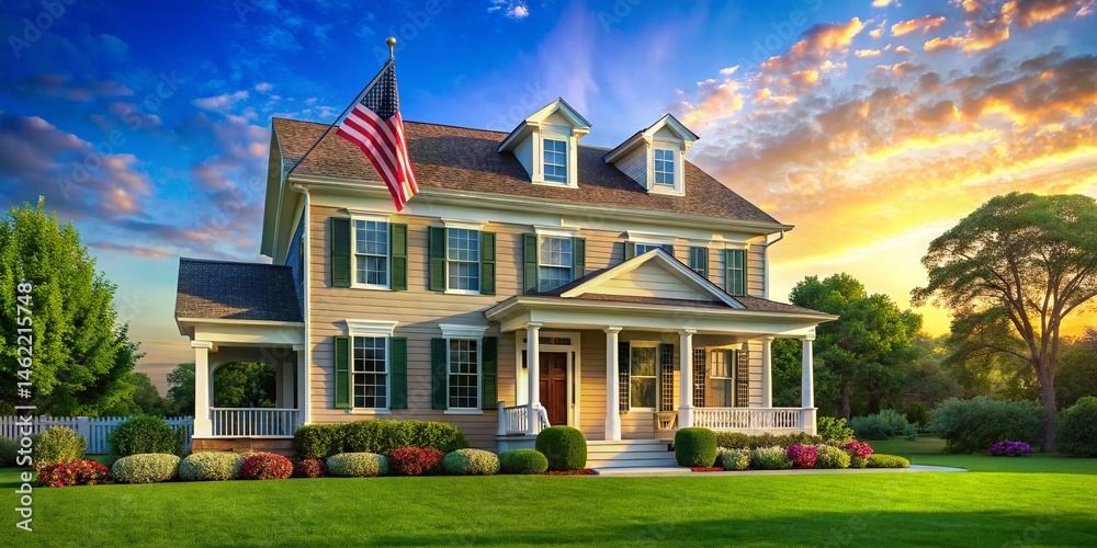 Fototapeta premium Historic Colonial Home, American Flag, Front View, USA, Patriotic, Real Estate, Architecture, Summer, Daytime