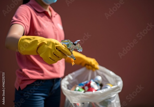 Person wearing yellow gloves picking up trash.