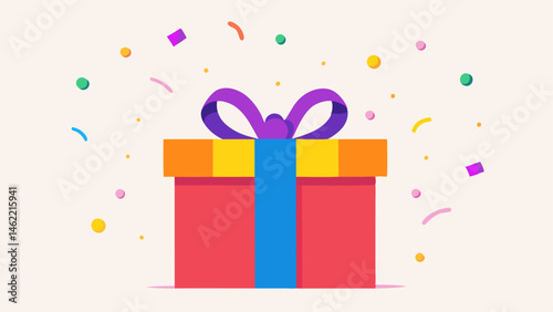 Giant Gift Box A large od gift box with colorful wrapping overflowing with smaller gifts and confetti suggesting a surprise waiting inside.