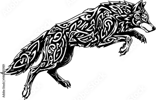 Illustrated wolf with Celtic knot patterns jumps forward in a striking black and white design, ideal for tattoo art or graphic design projects.